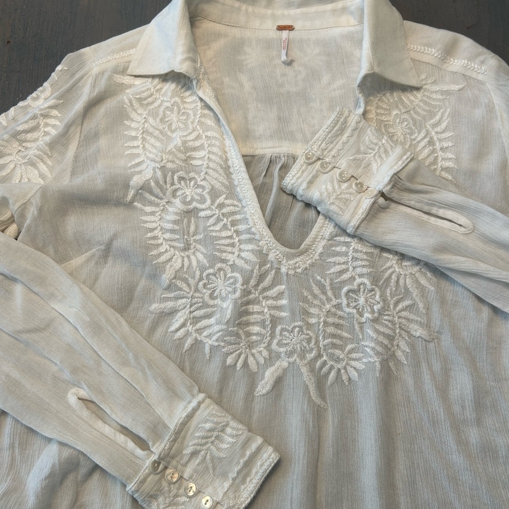 Free People Light Blue Embroidered V-Neck Blouse